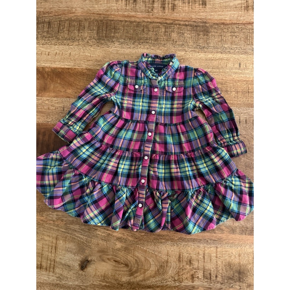 Ralph Lauren Baby Girls Plaid Dress 18M Multicolor Tiered Button Front Cotton